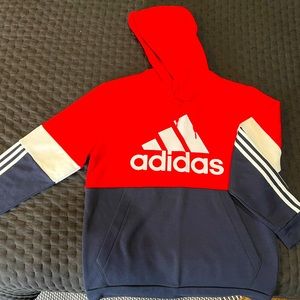 Men’s L adidas hoody, never worn. Color block blue/red w/classic 3 stripe sleeve